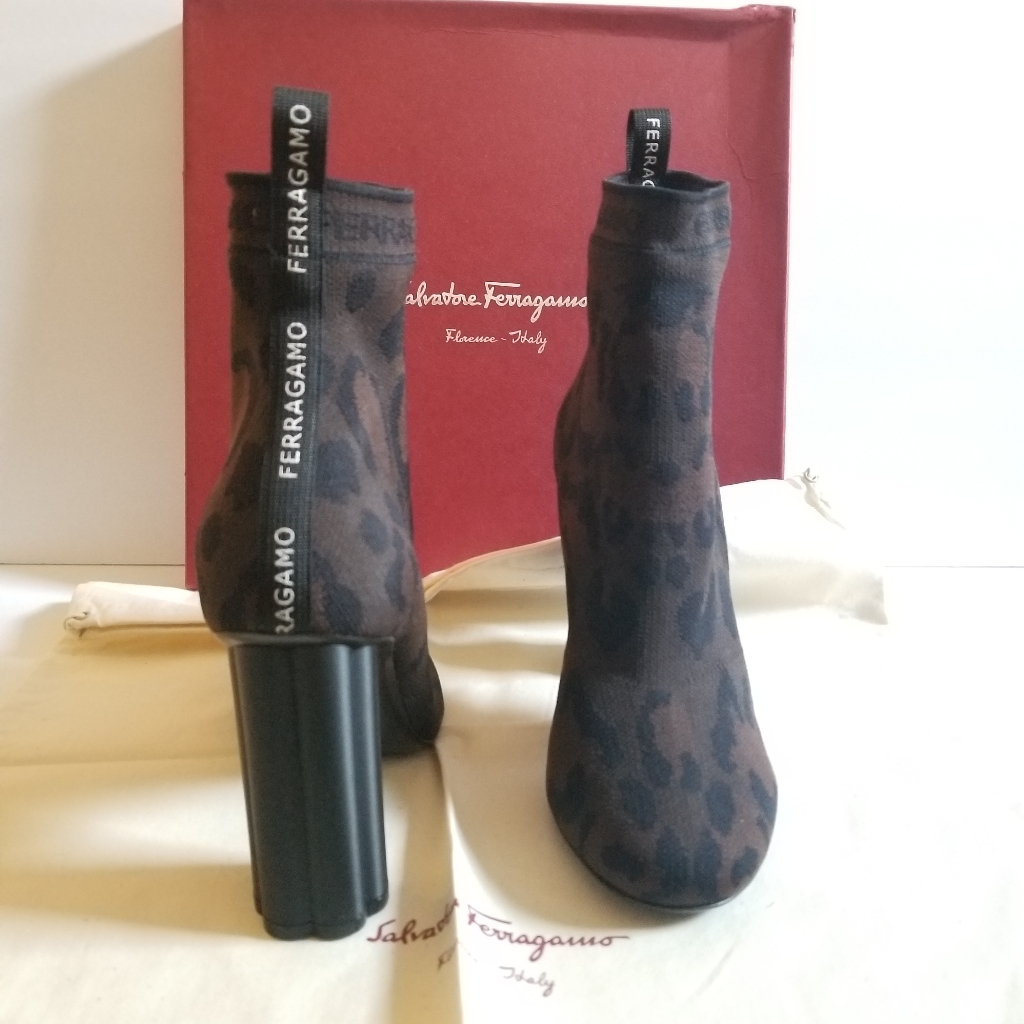 Salvatore Ferragamo Animal Print Knit Sock High Heeled Booties Size 7 D